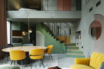 Stylish and Cozy Memphis Inspired Two Story Apartment Living Room with Vibrant Mustard and Green