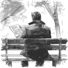 Man reading a newspaper on a park bench