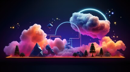 Geometric Shapes and Clouds Render Set of neon radiant horizon