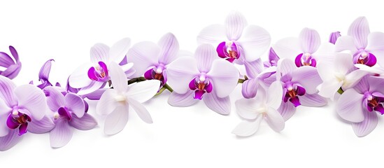 Isolated on a white background there is a beautiful lilac orchid in full bloom with a bandlet accentuating its beauty. Copy space image. Place for adding text and design