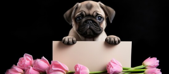 A pug puppy holds a bouquet of tulips with an empty list creating a charming and adorable image against a white background. Copy space image. Place for adding text and design