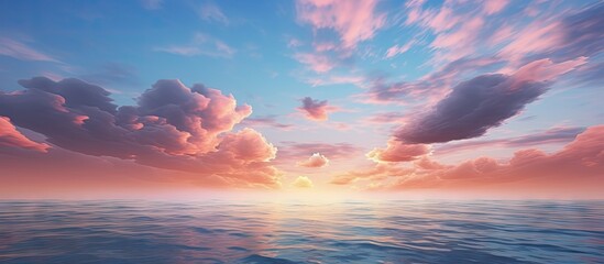 A stunning sea sunset featuring blue clouds against a pink sky creating a captivating screensaver that showcases the beauty of nature. Copy space image. Place for adding text and design - Powered by Adobe