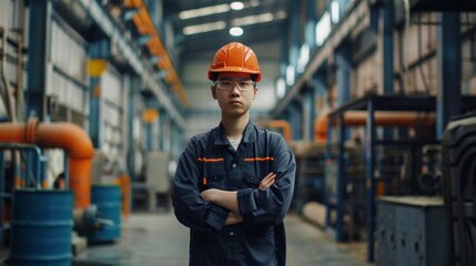 A worker standing confidently in front of a factory or warehouse, symbolizing their role in the production process