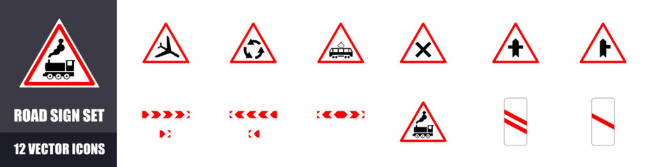 Road Signs Icons Set. Red Warning Road Signs. Flat Style. Vector icons