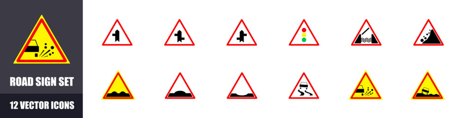 Triangular road signs set of icons. Flat Style. Vector icons