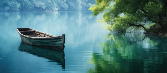 A rowing boat made of weathered wood floats peacefully on the calm blue river embraced by the...