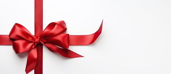 A top down view of a white background featuring a satin ribbon adorned blank red gift tag leaving ample space for additional images or text