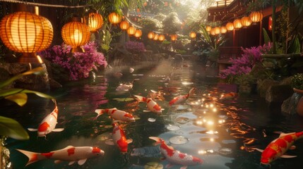 A traditional Japanese koi pond with colorful koi fish swimming amongst festive decorations like lanterns 