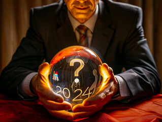 a man holding a crystal ball with a question mark in his hand