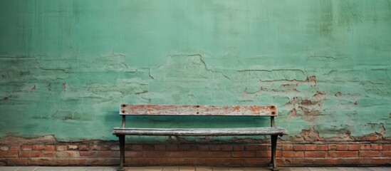 A worn out green bench with peeling paint stands beside a brick wall copy space image