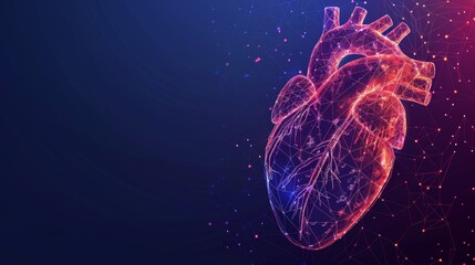 This is a modern isolated heart with a low poly wireframe and points, positioned on a dark blue background. The heart is polygonal and 3D, and its color is dark blue. Medicine concept with a geometry