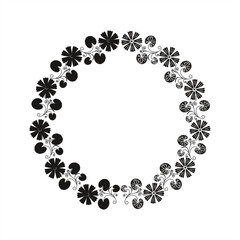 Stamped and minimalist silhouette illustration of tendrils of gotu kola leaves with flowers forming a circular frame pattern