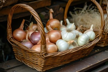 Fresh Basket onion garlic. Food harvest plant. Generate Ai