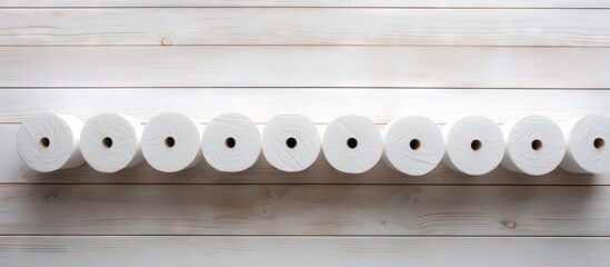 A flat lay image with multiple soft toilet paper rolls arranged on a white wooden table providing ample room for text - Powered by Adobe
