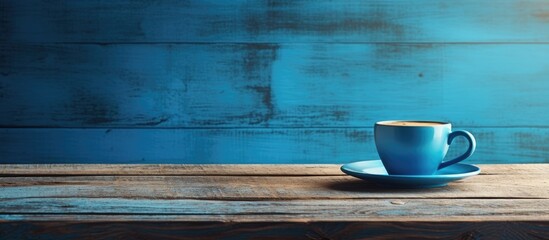 The wooden table hosts a blue pottery cup filled with a delicious espresso coffee leaving an inviting copy space image - Powered by Adobe