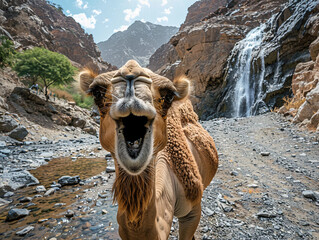 a camel standing in front of a waterfall