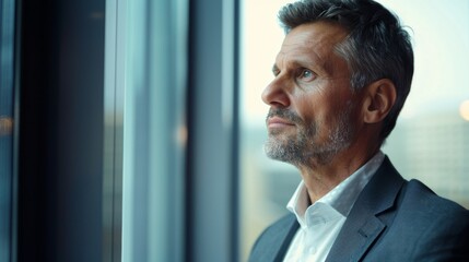 A manager looks out the window with a hopeful expression, signifying positive change and a bright future for the company 