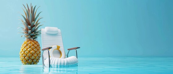 A blue background with a pineapple and a floating chair depicting a summer beach scene.