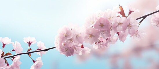 Obraz premium A serene copy space image capturing the tranquil beauty of fully bloomed cherry blossoms