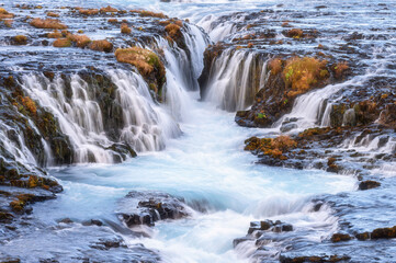 Sunrise at Bruarfoss, Blue Waterfall in Thingvellir National Park, Iceland