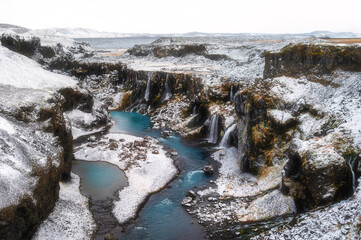 Sigöldugljúfur canyon covered in Autumn Snow, Iceland Highland