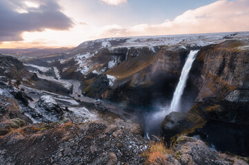 Fototapeta premium Sunset at Haifoss and Granni Falls in Autumn, Iceland