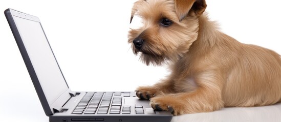 A Norfolk terrier dog is focused on a computer while being isolated in a white background for a copy space image