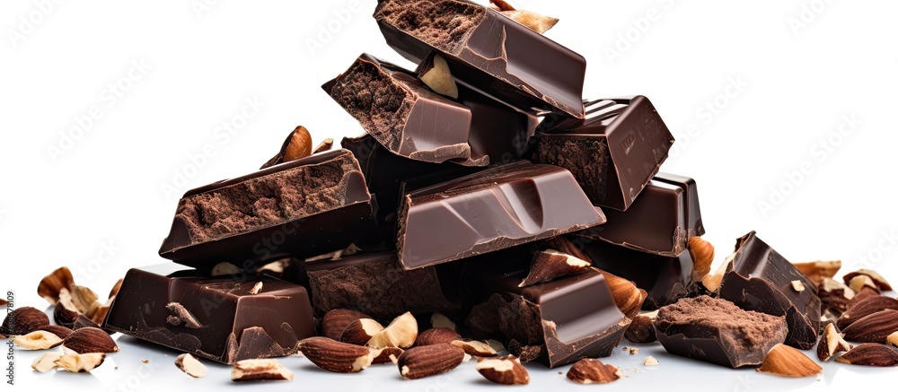 Sticker A pile of dark chocolate pieces mixed with hazelnuts showcased on a white background with ample space for further content or images