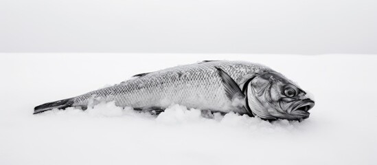 A single raw fish head severed and placed on a white snow backdrop with a designated area for text Ample space available for abstract food wall art Monochrome black and white photograph Copy space im