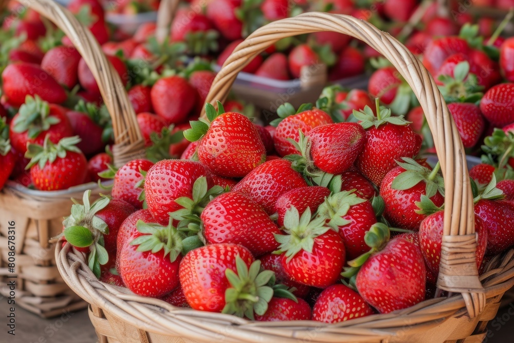 Sticker sun-kissed basket fresh strawberries garden. nature diet dessert. generate ai