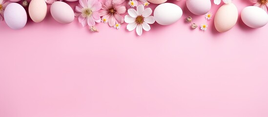 A pastel pink background with a flat lay style features colorful naturally dyed Easter eggs and spring flowers The image includes copy space for text