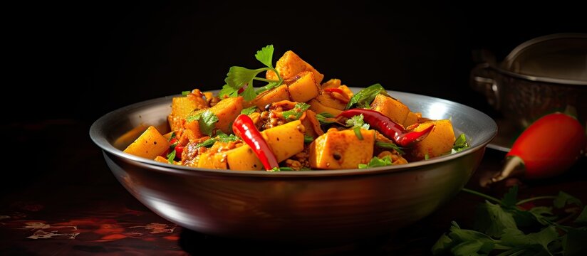 A flavorful dish of stir fried taro roots also known as arbi ki sabji is prepared as a spicy masala curry The dish known as arbi masala is beautifully garnished with coriander red chili and curry lea