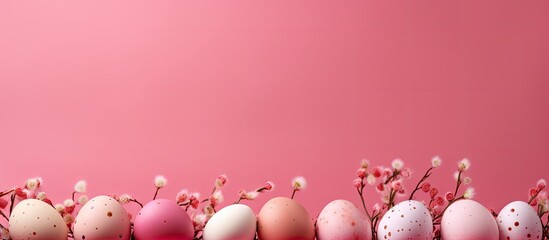 Pink background with handmade painted eggs creating an Easter themed copy space image