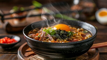 A steaming bowl of ramen with rich broth, noodles, meat, and a soft-boiled egg 