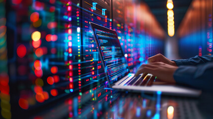 A cybersecurity expert codes on a laptop in an illuminated server room, showcasing high data security.