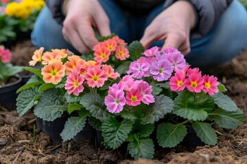 Woman Gardening Primroses in Spring Season - Hands Planting Colorful Flowers
