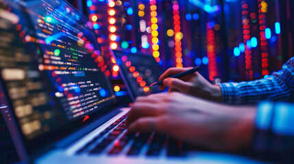 A cybersecurity expert analyzes code on a laptop in a vibrant data center environment.