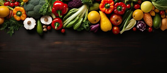 A healthy assortment of fresh vegetables and fruits with a top view and ample copy space for a captivating image