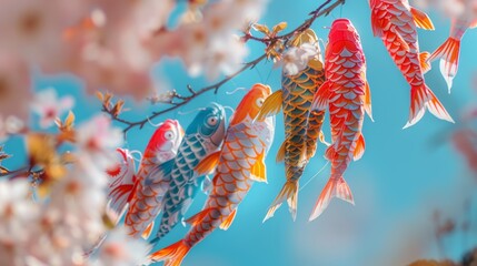 The essence of spring with a background of blooming cherry blossoms and colorful koinobori carp streamers swaying in the breeze.golden week japan.