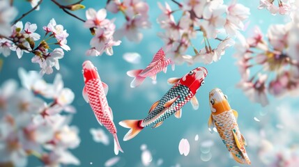 The essence of spring with a background of blooming cherry blossoms and colorful koinobori carp streamers swaying in the breeze.golden week japan.