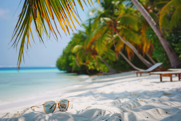 Sun glasses, palm trees and beach landscape with mock up for travel.