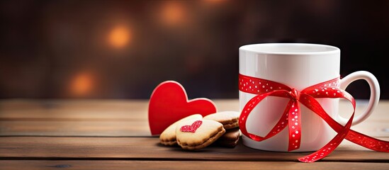 Valentine s Day themed close up copy space image of a coffee cup on a wooden table with homemade cookies tied with a heart shaped red ribbon - Powered by Adobe