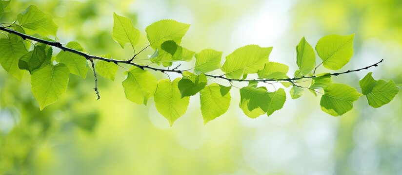 A wide photo capturing the vibrant green of the first birch leaves on a spring day with ample copy space