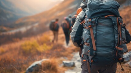 A bunch of backpackers are trekking up the majestic mountain, surrounded by the vast natural landscape, enjoying the sky, plants, and soil along the way. AIG41