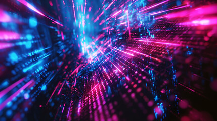 Obraz premium Dynamic digital landscape with neon lights representing data flow in cybersecurity space