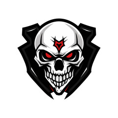 Fierce skull emblem with a fiery gaze and a mysterious red mark