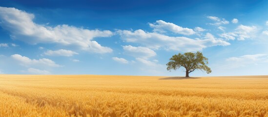 A picturesque field of golden grain awaits harvest featuring a solitary tree standing amidst a vast expanse of sky offering ample copy space for images