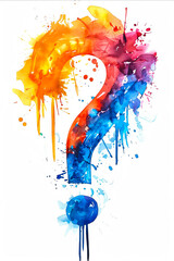 A colorful question mark with a blue circle in the middle. The question mark is surrounded by splatters of paint, giving it a chaotic and abstract appearance