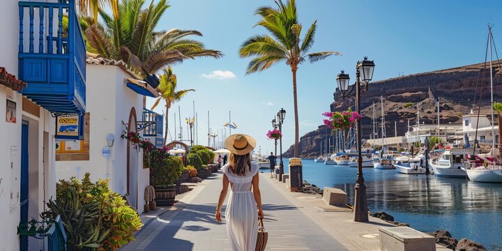 A lady strolling in the harbor of the seaside village in the southern part of Gran Canaria, Spain.