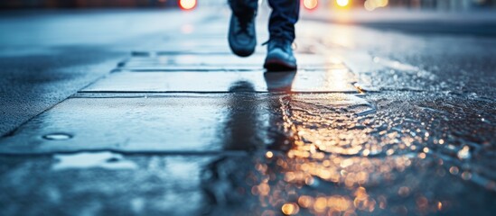 Fototapeta premium Urban walking on wet ice pavement Copy space image of an icy road in winter Abstract blank background reflecting the winter weather